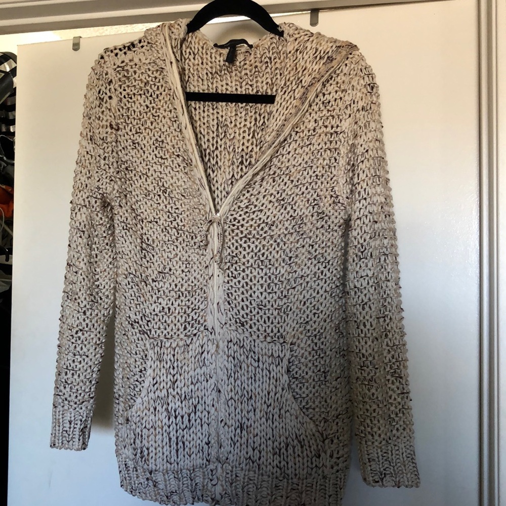 BCBG brand Zip up cable knit sweater with hood
